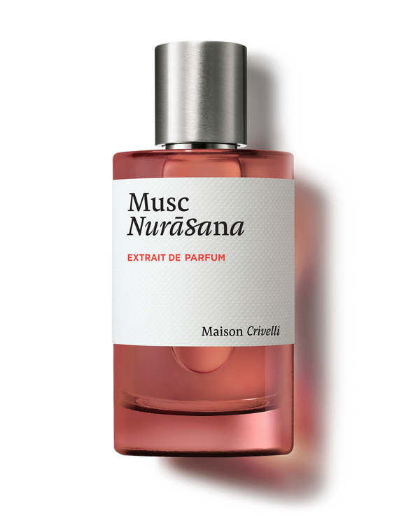 Perfume bottle labeled 'Musc Nurásana' by Maison Crivelli on a white background